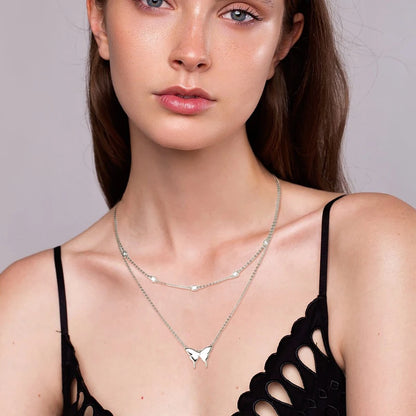 Silver Double Layer Butterfly Moissanite Pendant Necklace