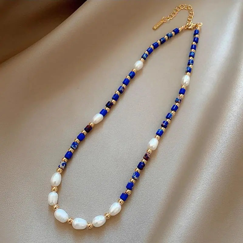 Natural Freshwater Pearl & Lapis Lazuli Stone Chain Necklace