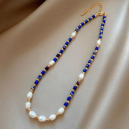 Natural Freshwater Pearl & Lapis Lazuli Stone Chain Necklace