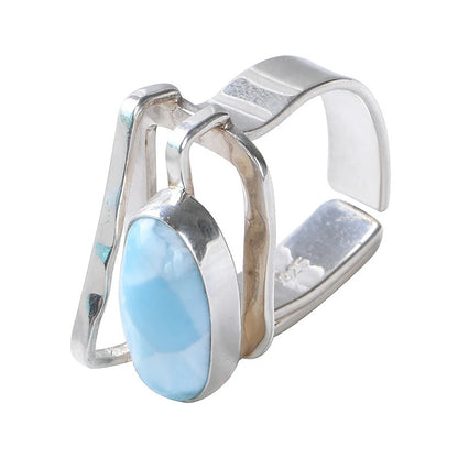 925 Sterling Silver Natural Larimar Irregular Open Big Rings
