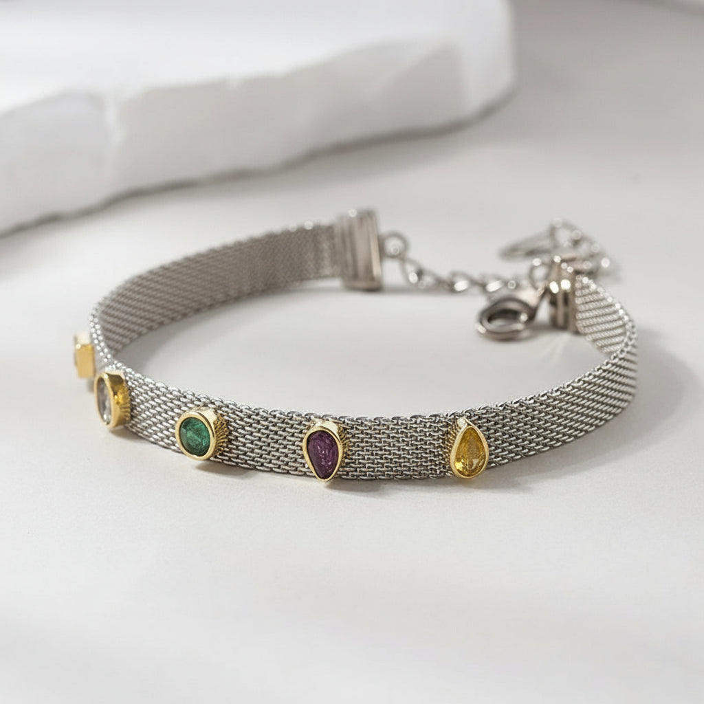 Silver Natural Tourmaline Woven Safety Chain Bracelets,  Minimalistic Geometric Chic Bracelet