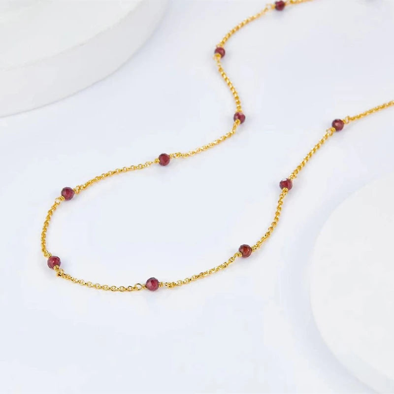 Silver Gold Plated Garnet Spaced Bead Station Necklace