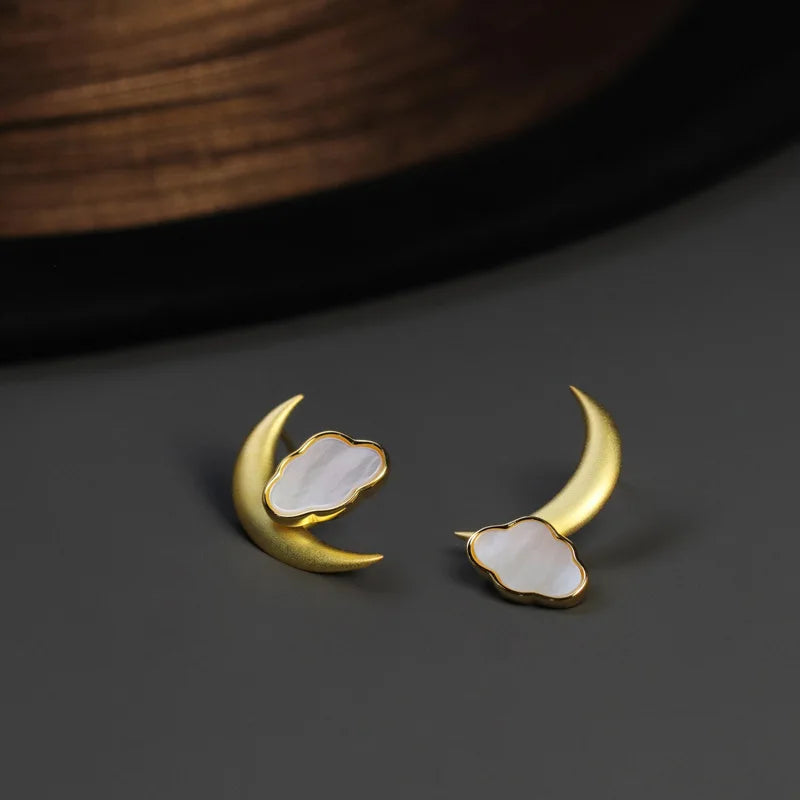 Silver Moon and Clouds Stud Earrings