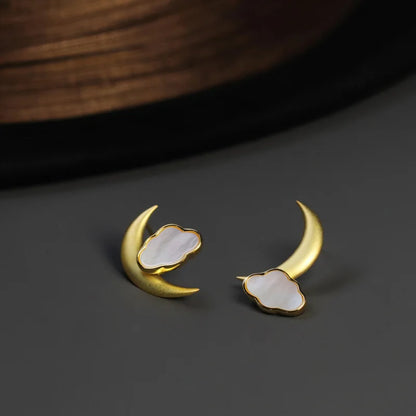 Silver Moon and Clouds Stud Earrings