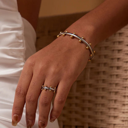 18K Gold Plated Row Ball Bangle – Elegant Gold Cuff Bracelet with Metal Beads for Women