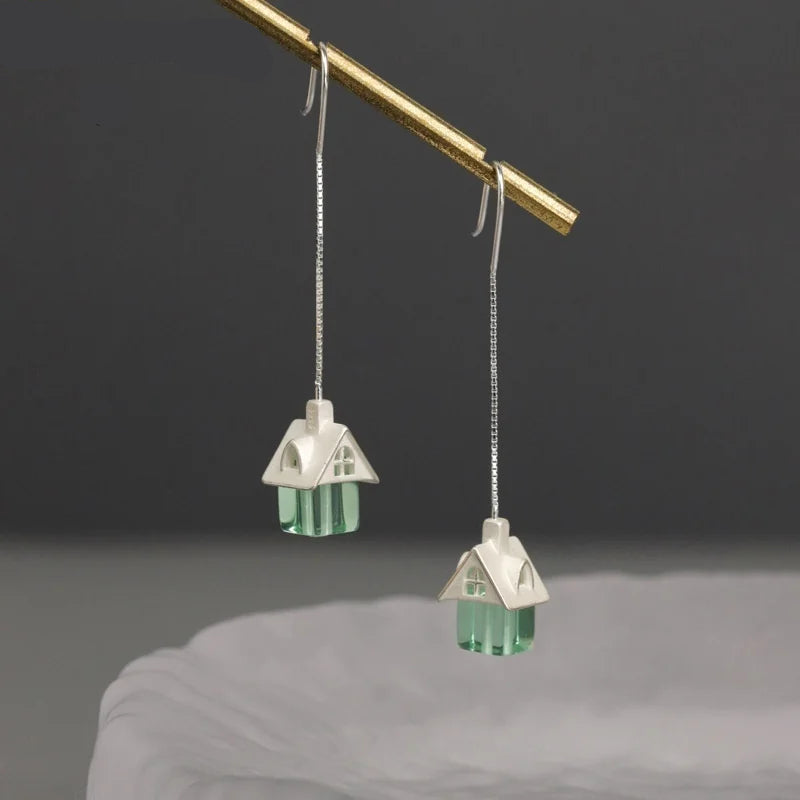 Silver Colorful Crystal Glass Cute Cabin Shaped Designer Dangle Earrings