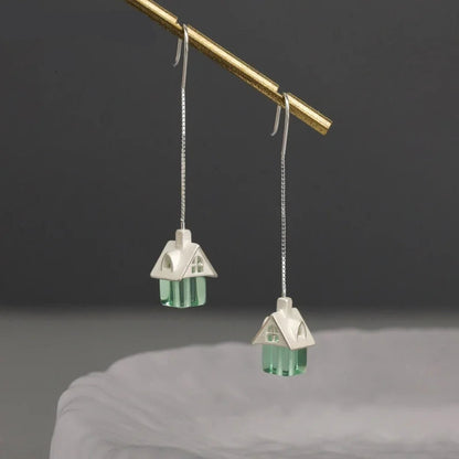 Silver Colorful Crystal Glass Cute Cabin Shaped Designer Dangle Earrings