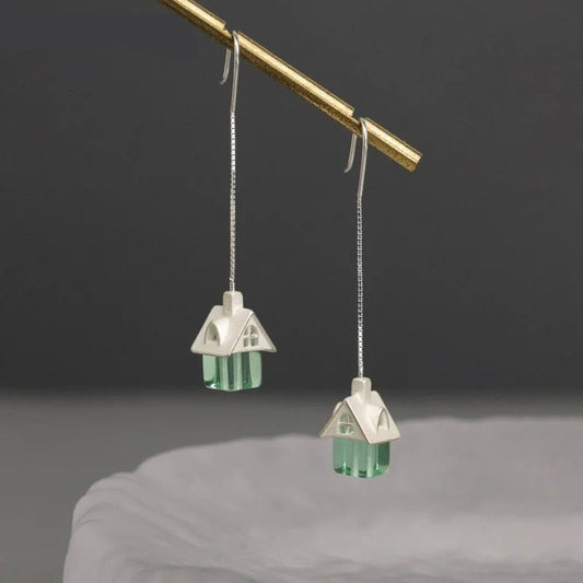 Silver Colorful Crystal Glass Cute Cabin Shaped Designer Dangle Earrings