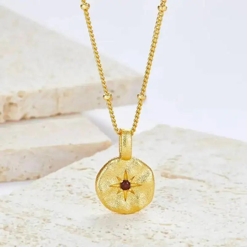 Silver Natural Garnet Star Gold Plated Disc Pendant Necklace