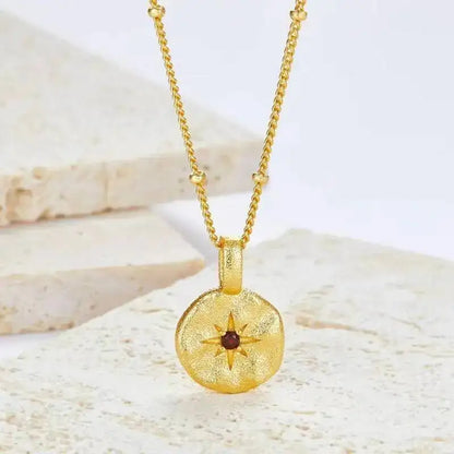 Silver Natural Garnet Star Gold Plated Disc Pendant Necklace