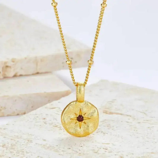 Silver Natural Garnet Star Gold Plated Disc Pendant Necklace