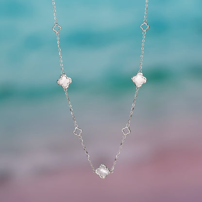 Silver Choker Necklace With Four Leaf Clover Shell Ornament Summer Style