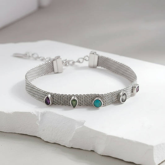 Silver Natural Tourmaline Woven Safety Chain Bracelets,  Minimalistic Geometric Chic Bracelet