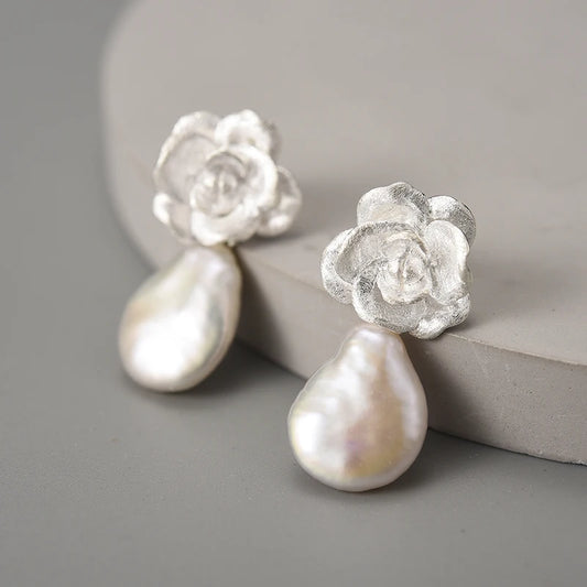 Silver Pearl Camellia Flower Dangle Earrings