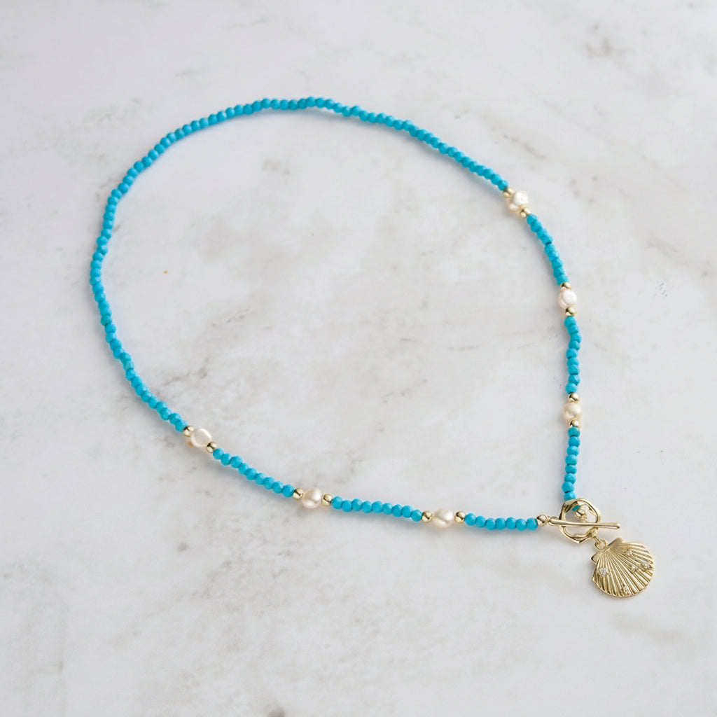 Silver Shell Pendant Necklace with Freshwater Pearl Turquoise - Ocean-Inspired Beach