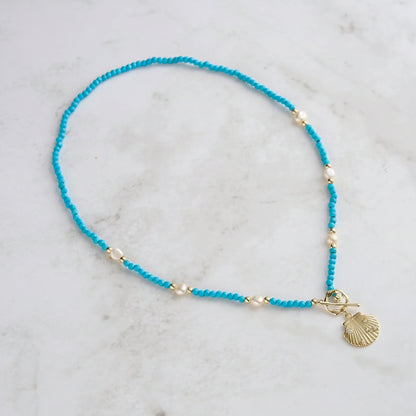 Silver Shell Pendant Necklace with Freshwater Pearl Turquoise - Ocean-Inspired Beach