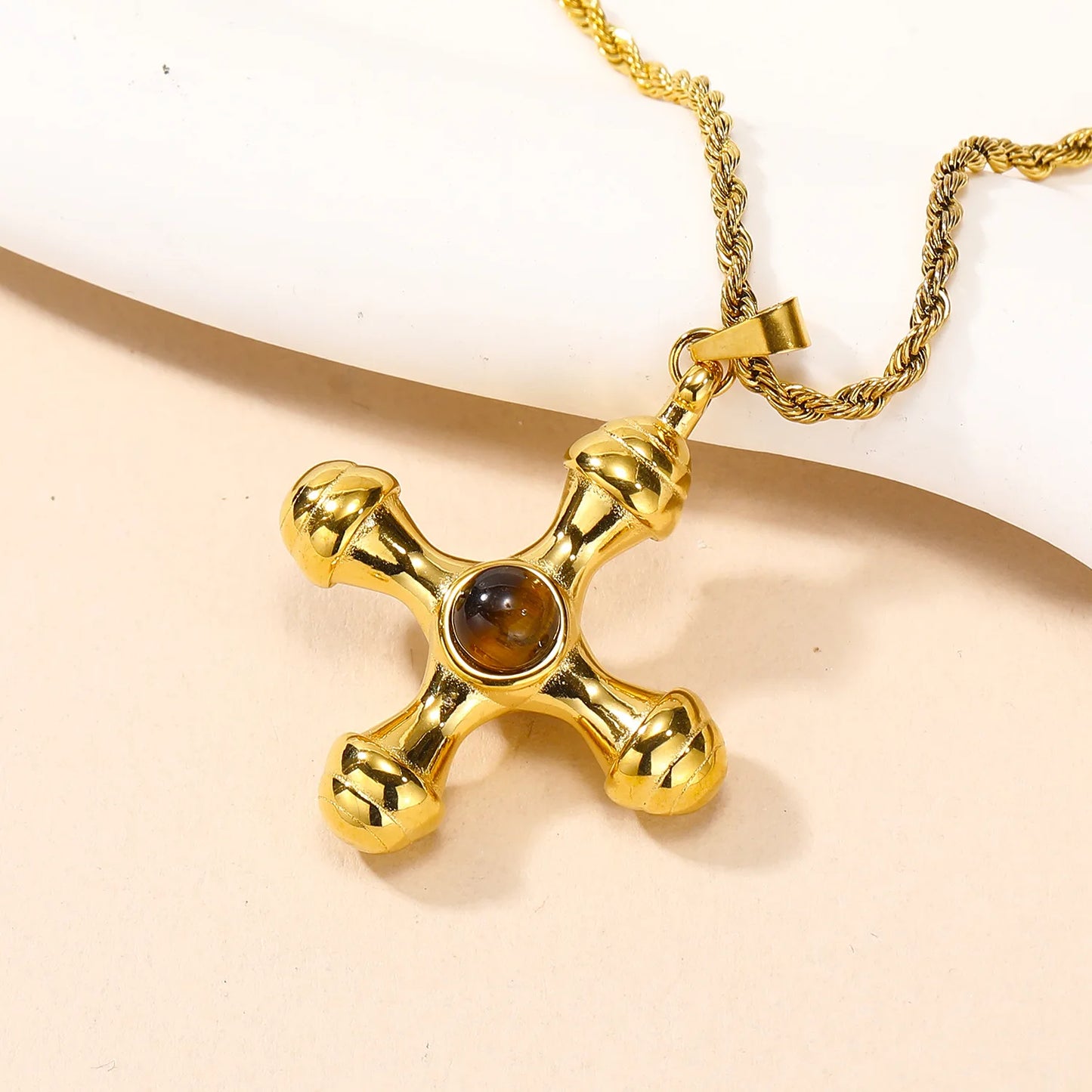 18K Gold Plated Stainless Steel Cross Pendant with Natural Stone Inlay