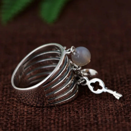 Silver Key Lock Zircon Ring