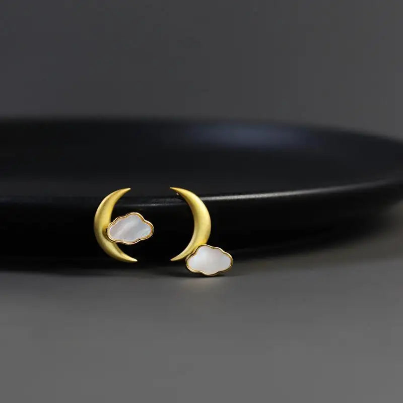 Silver Moon and Clouds Stud Earrings