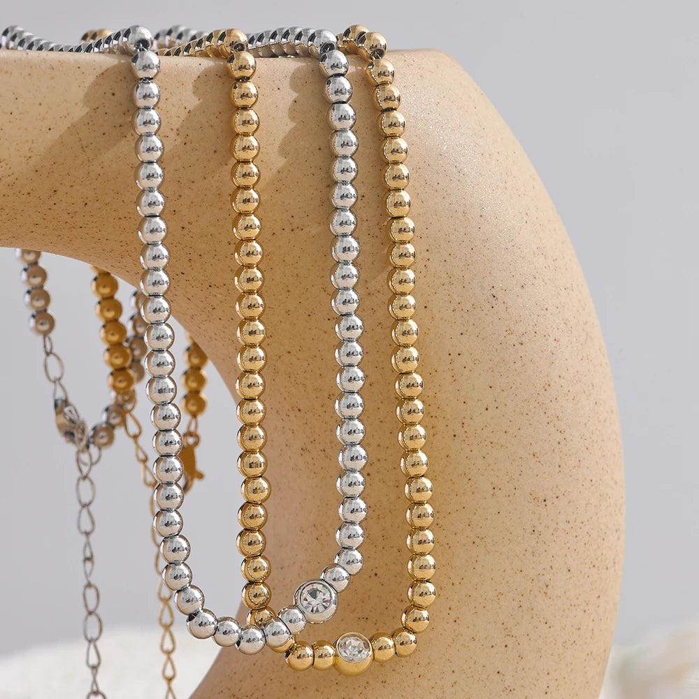 18K Gold Plated Round Beads Chain Handmade Necklace Water Resistant Stainless Steel