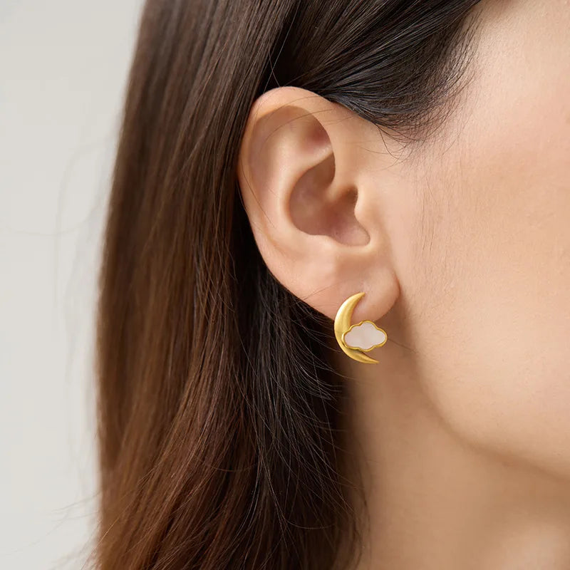 Silver Moon and Clouds Stud Earrings