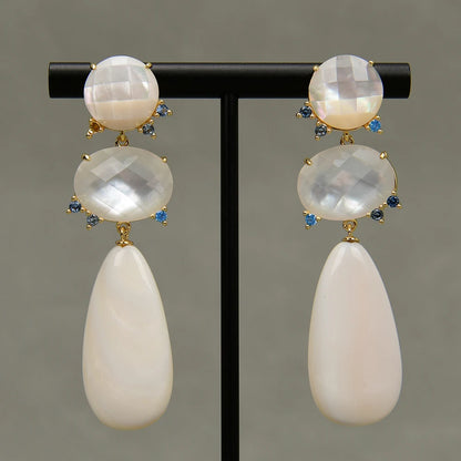 Handmade Natural White Sea Shell Pearl Blue Stud Earrings, Dangle Earring