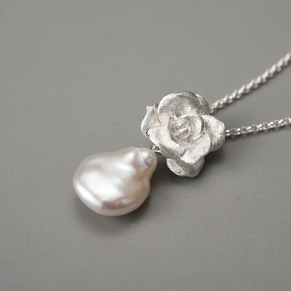 Natural Baroque Pearl Camellia Flower 925 Sterling Silver Pendant with Chain