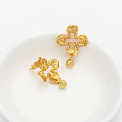 Lucky Four‑Leaf Clover Studs, 18K Gold‑Plated with Striped Detail & Ball Accent