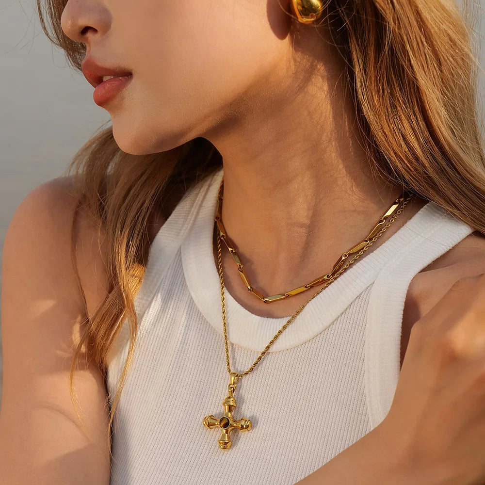 18K Gold Plated Stainless Steel Cross Pendant with Natural Stone Inlay