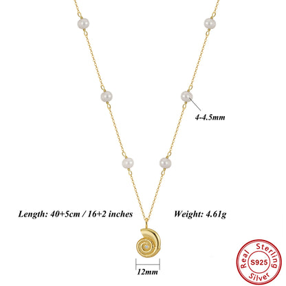 Silver Shell Texture Pendant Necklace With Natural Freshwater Pearl Ornament