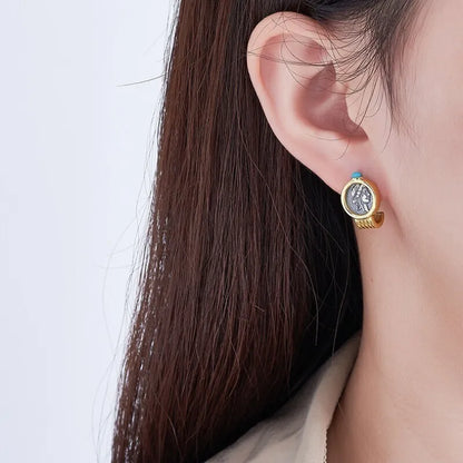 Silver Two Tone Double Sided Relief Portrait Stud Earrings