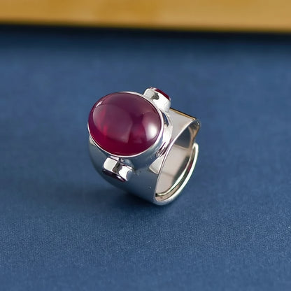 Silver Red Corundum Wide Ring, Minimalist Oval Stone Ring
