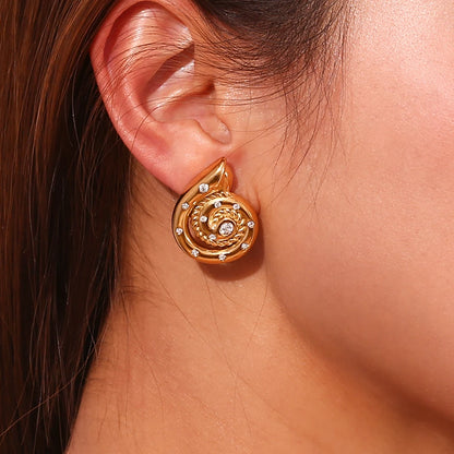 Waterproof 18K Gold Plated Twist Snail Earrings, Stainless Steel Studs