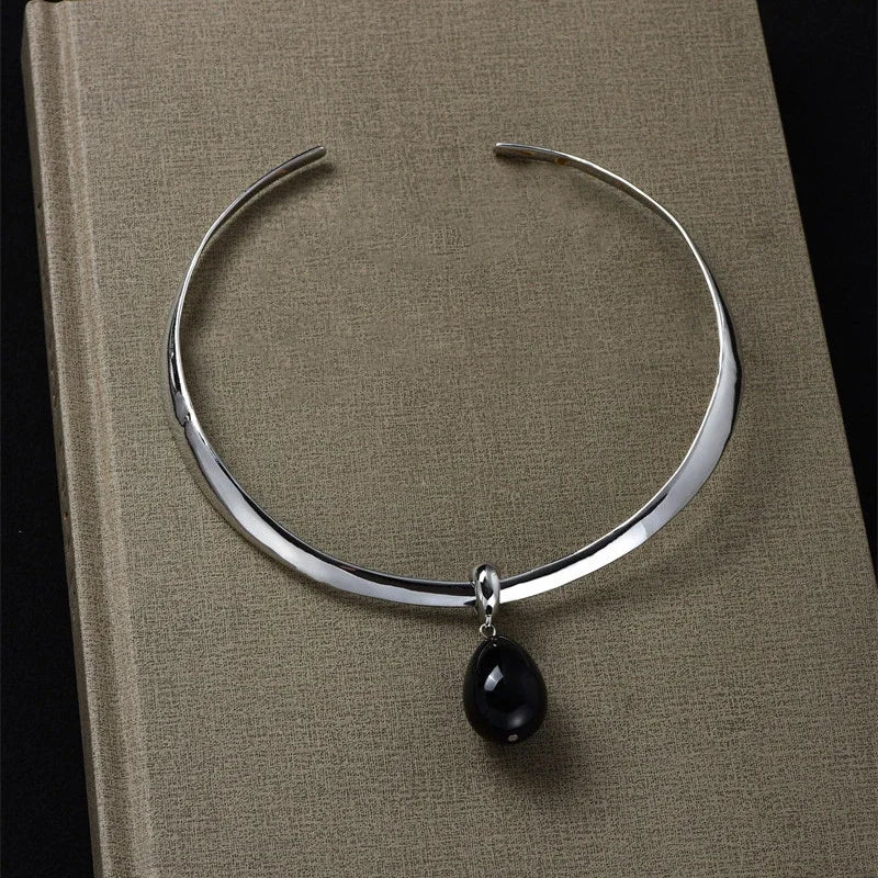 Obsidian Pendant Necklace Set — Choker and Earrings