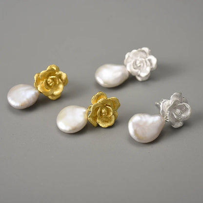 Silver Pearl Camellia Flower Dangle Earrings