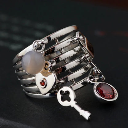 Silver Key Lock Zircon Ring