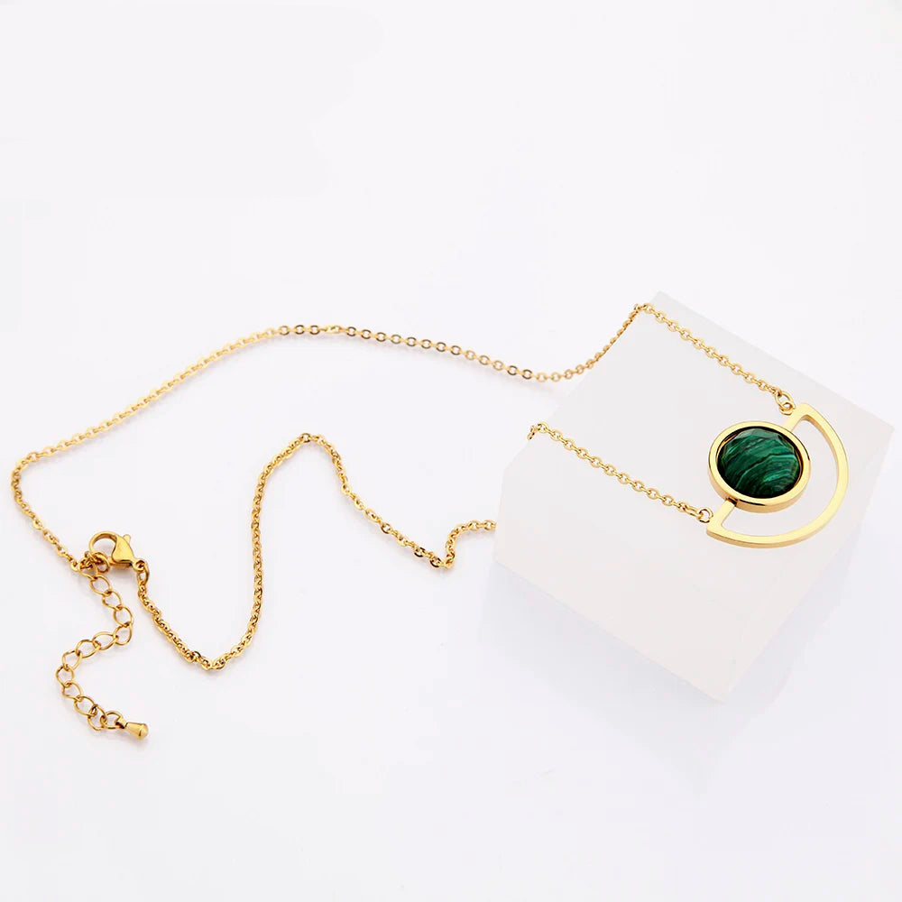 18K Gold Plated Turquoise Geometric Choker Necklace with Long Chain Pendant