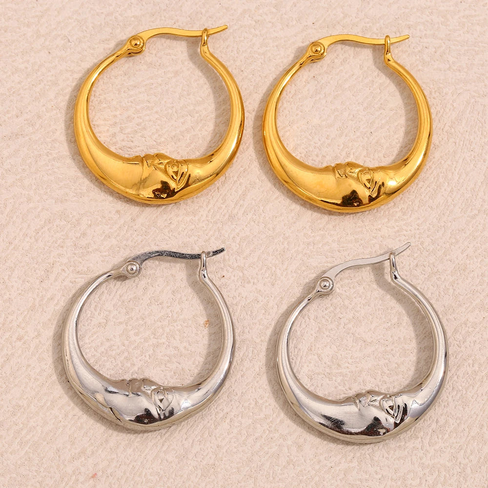 18K Gold Plated Stainless Steel Moon Hoop Earrings – Unique Waterproof Statement