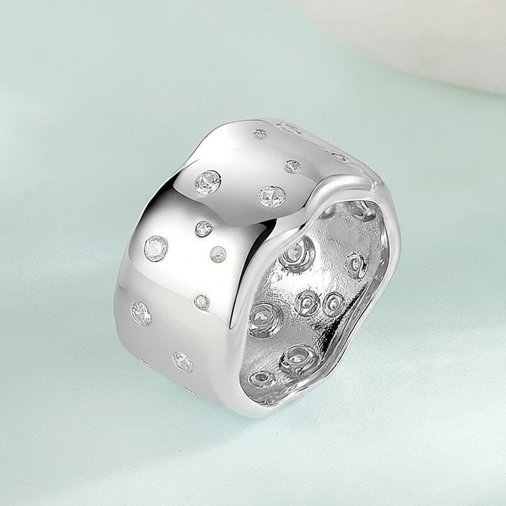 Silver Irregular Handmade Zircon Wide Ring