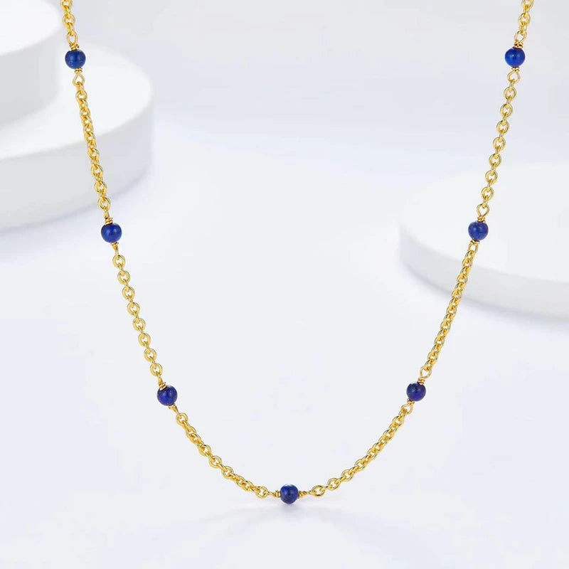 Silver Gold Plated Lapis Lazuli Beaded Station, Trendy Stack Chokers Necklace