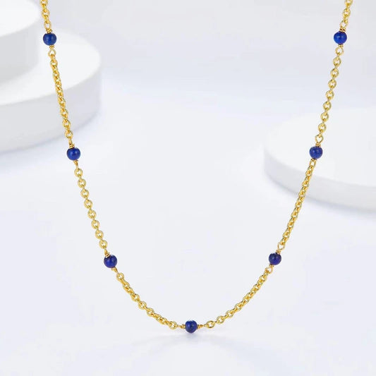 Silver Gold Plated Lapis Lazuli Beaded Station, Trendy Stack Chokers Necklace