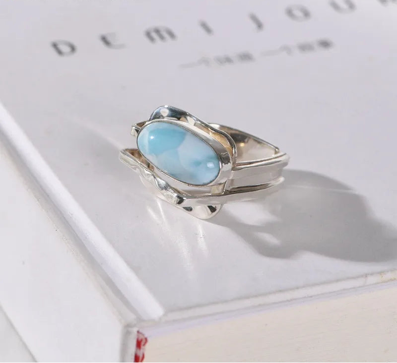925 Sterling Silver Natural Larimar Irregular Open Big Rings
