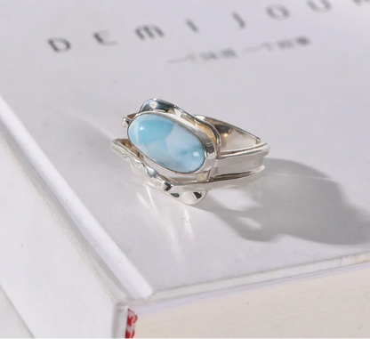 925 Sterling Silver Natural Larimar Irregular Open Big Rings