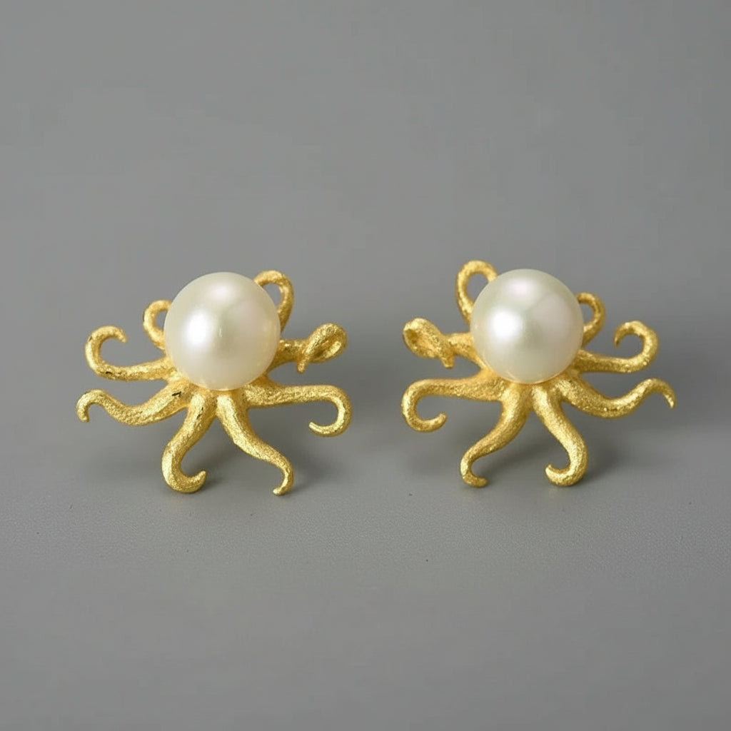 Octopus 925 Sterling Silver Natural Pearl Stud Earrings