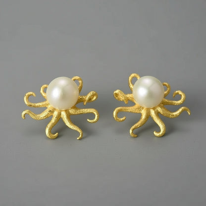 Octopus 925 Sterling Silver Natural Pearl Stud Earrings
