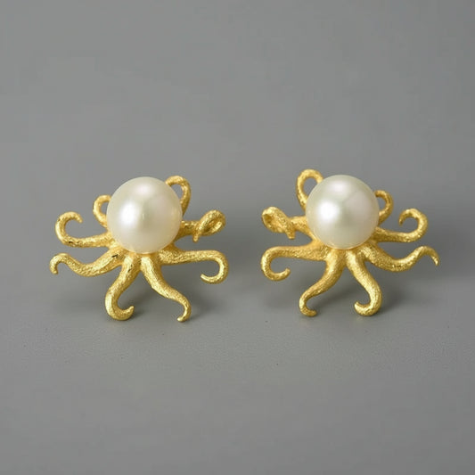 Octopus 925 Sterling Silver Natural Pearl Stud Earrings