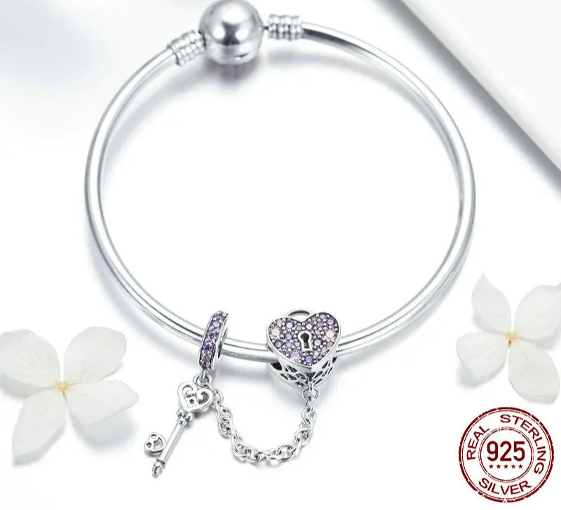 Silver Heart Lock Beads Charm Bangles, Bracelet