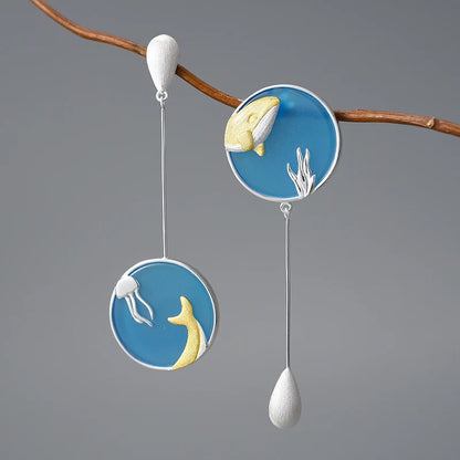 Silver Underwater World Whale Asymmetrical Long Drop Earrings