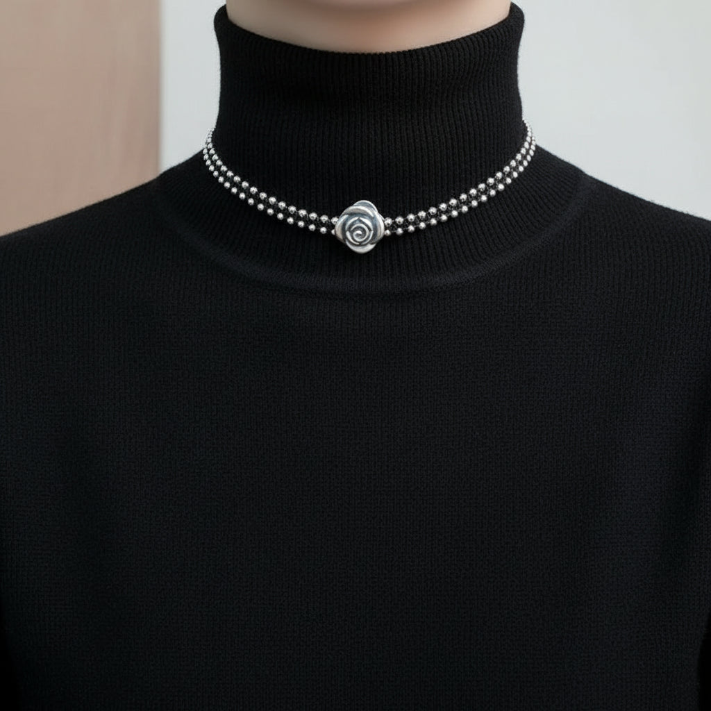 Vintage Silver Rose Flower Choker Necklaces, Hand Woven Double Layered Beads