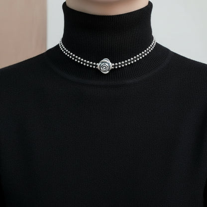 Vintage Silver Rose Flower Choker Necklaces, Hand Woven Double Layered Beads
